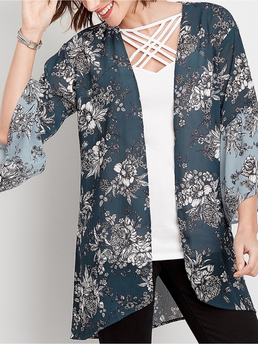 Kimono - Maurices Teal Floral Open Kimono Like New!🌷